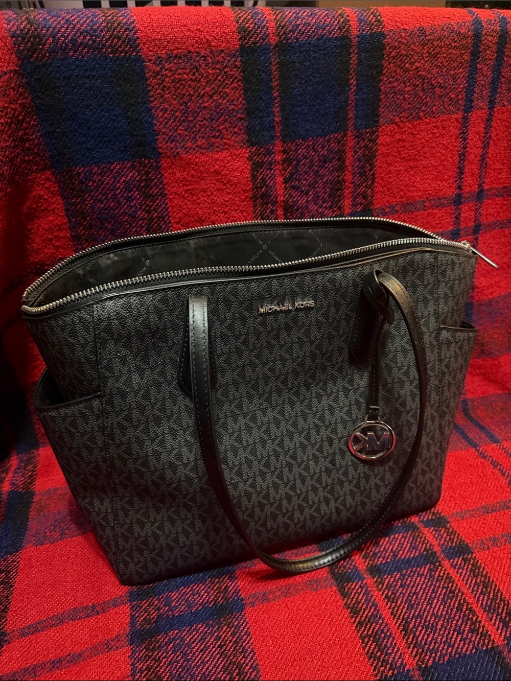 Michael Kors Black Signature MK Tote with Silver Charm